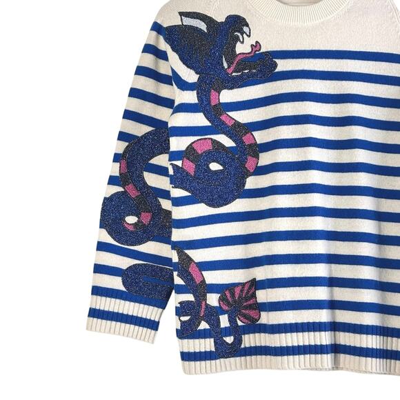 Zadig & Voltaire Lilo Bis Striped Sweater Dragon Motif Wool Cashmere Cream Blue - Picture 7 of 11